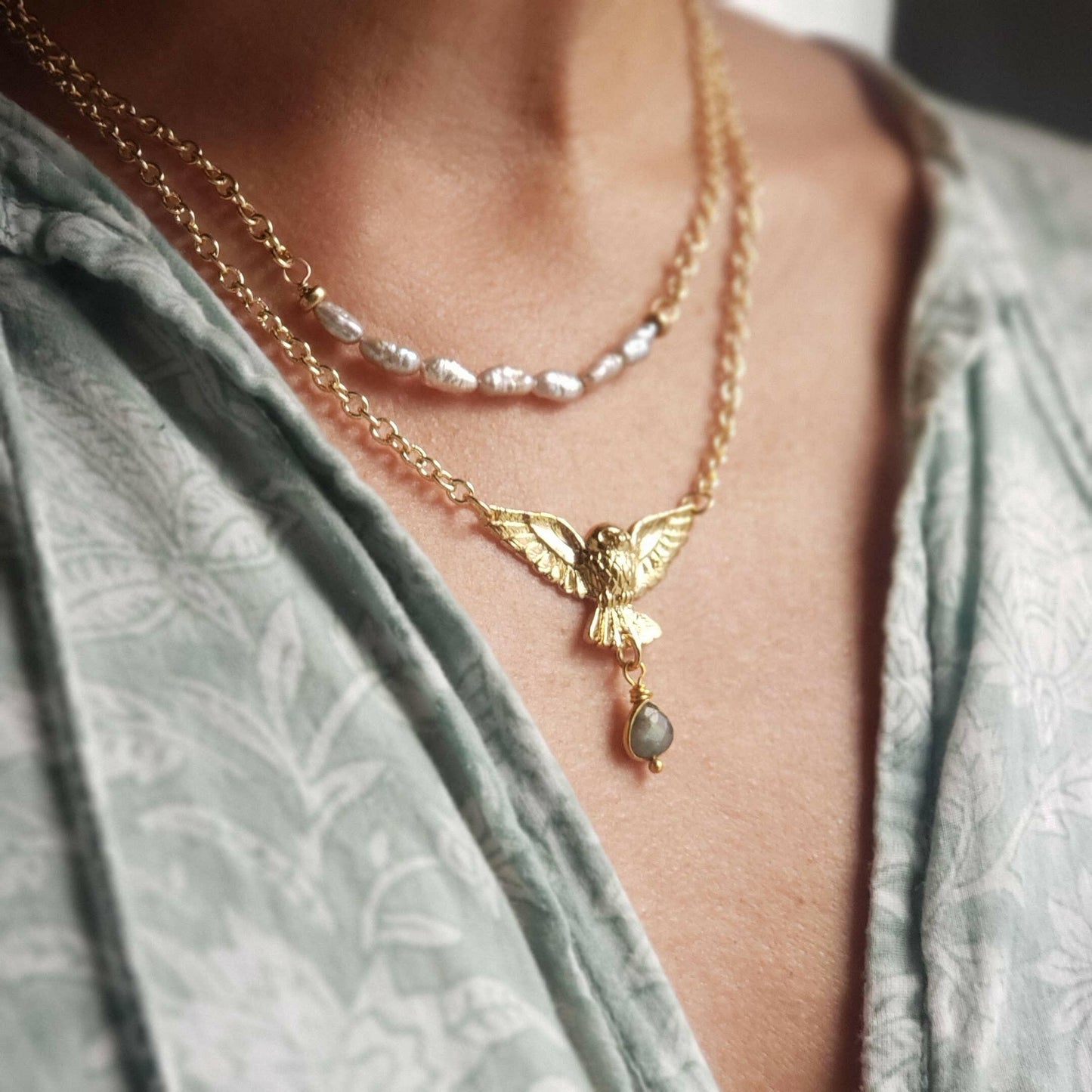 Dreamers of Dreams Golden Owl of Intuition Labradorite Pendant Necklace 18k Gold Plated Brass Charm Adjustable 20 Inch 14k Gold Plated Brass Chain Made in San Francisco - Pink Pig