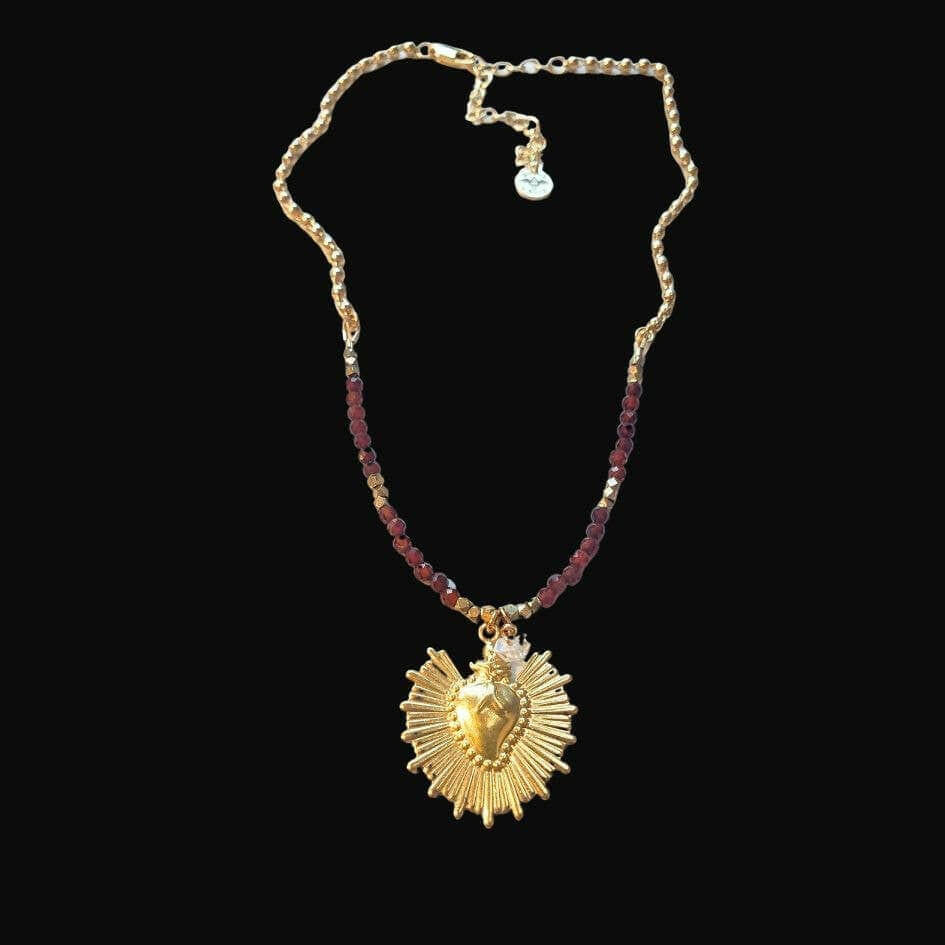 Dreamers of Dreams Sacred Heart Garnet Beaded Charm Necklace 14k Gold Plated Adjustable 16-20 Inch - Pink Pig
