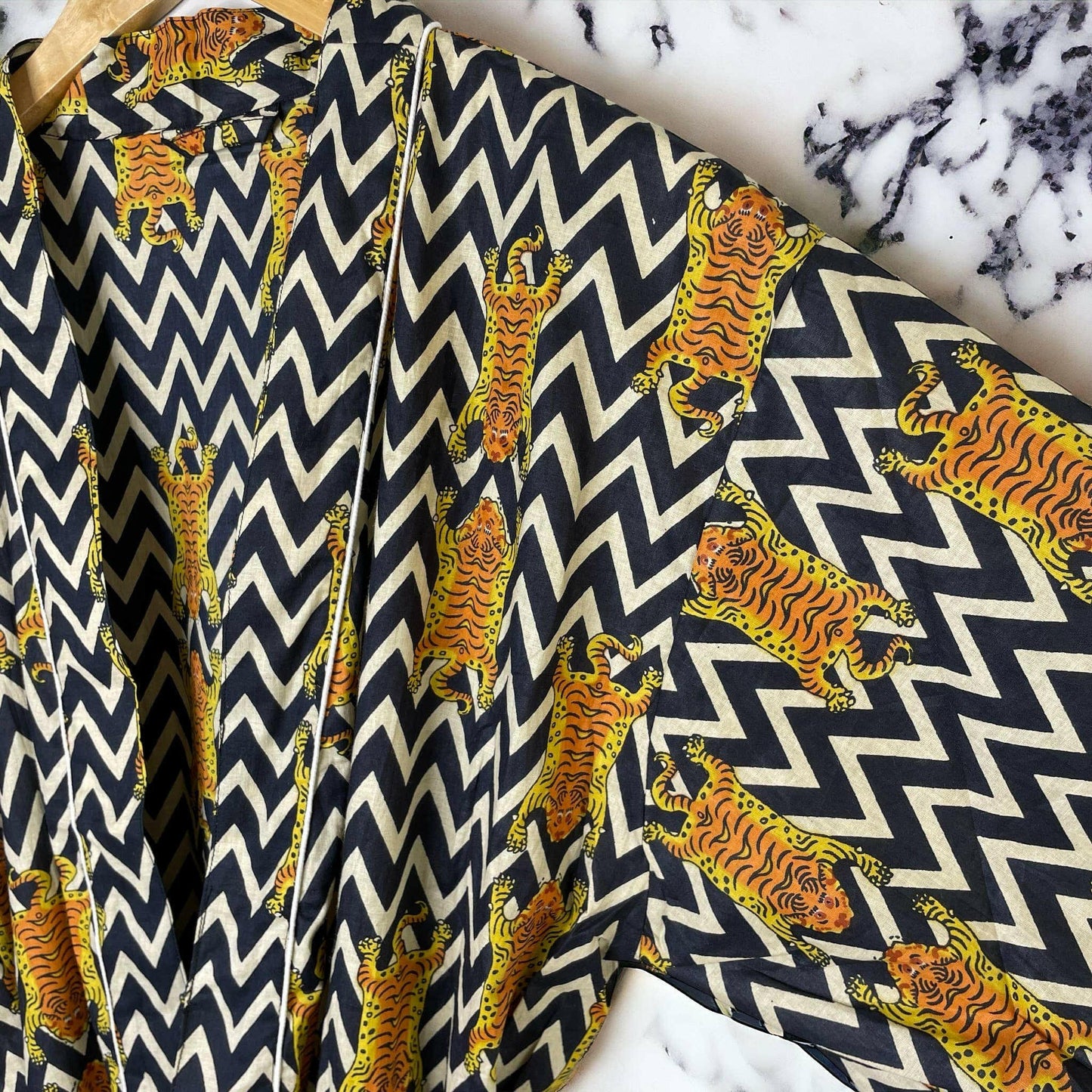 100% Cotton Indian Block Printed Kimono Robe- Chevron Tiger - Pink Pig