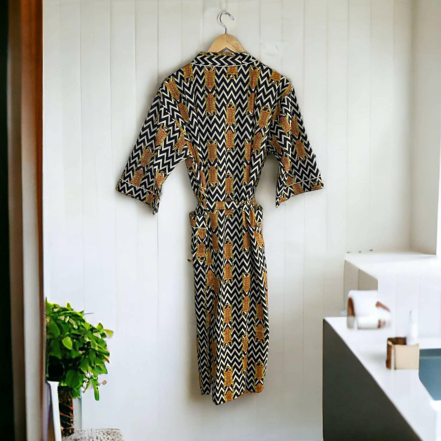 100% Cotton Indian Block Printed Kimono Robe- Chevron Tiger - Pink Pig