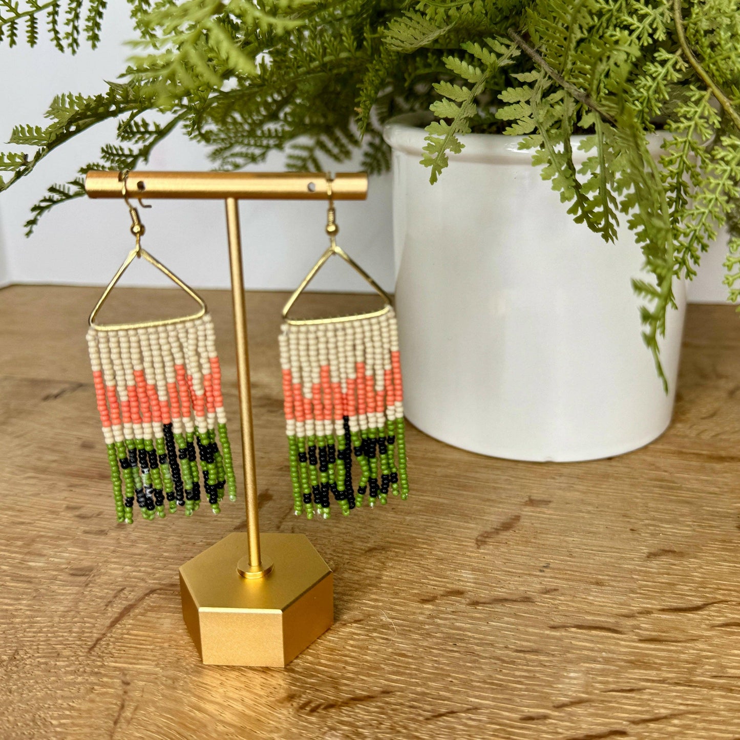 Alma Swedish-Inspired Folk Tulip Seed Bead Earrings- Orange - Pink Pig