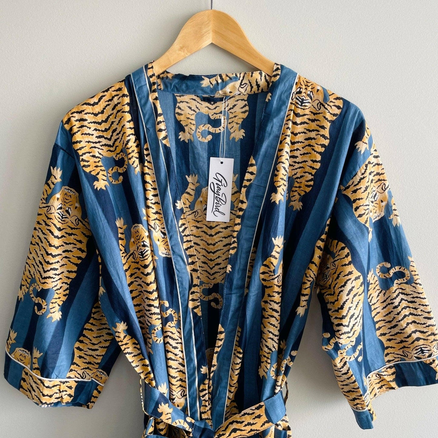 100% Cotton Block Printed Kimono Robe- Blue Tiger - Pink Pig