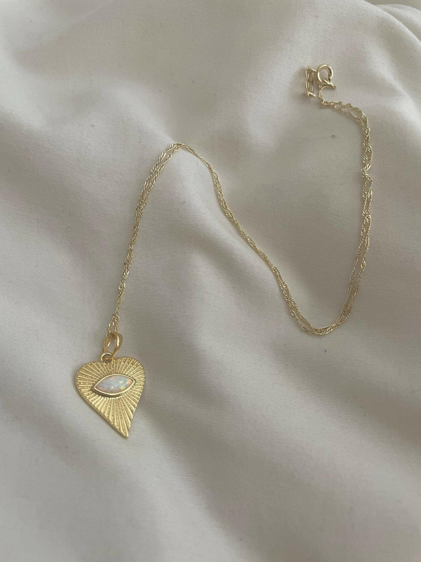 Ocean Heart Opal Necklace .Evil Eye Heart. Gold Filled: White Opal - Pink Pig
