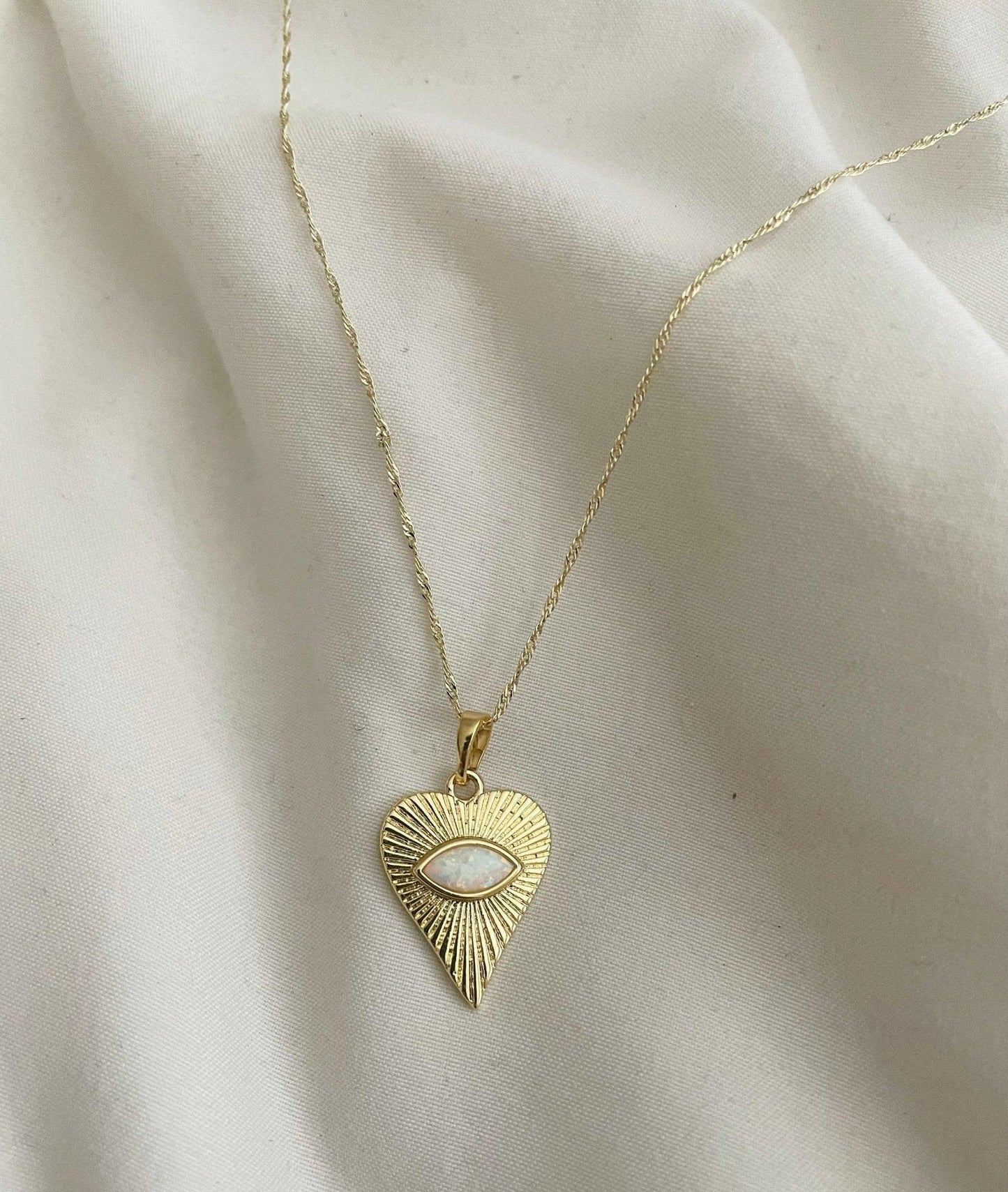 Ocean Heart Opal Necklace .Evil Eye Heart. Gold Filled: White Opal - Pink Pig