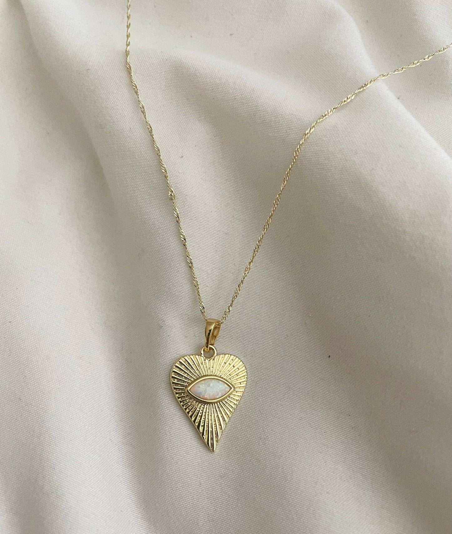 
                  
                    Ocean Heart Opal Necklace .Evil Eye Heart. Gold Filled: White Opal - Pink Pig
                  
                