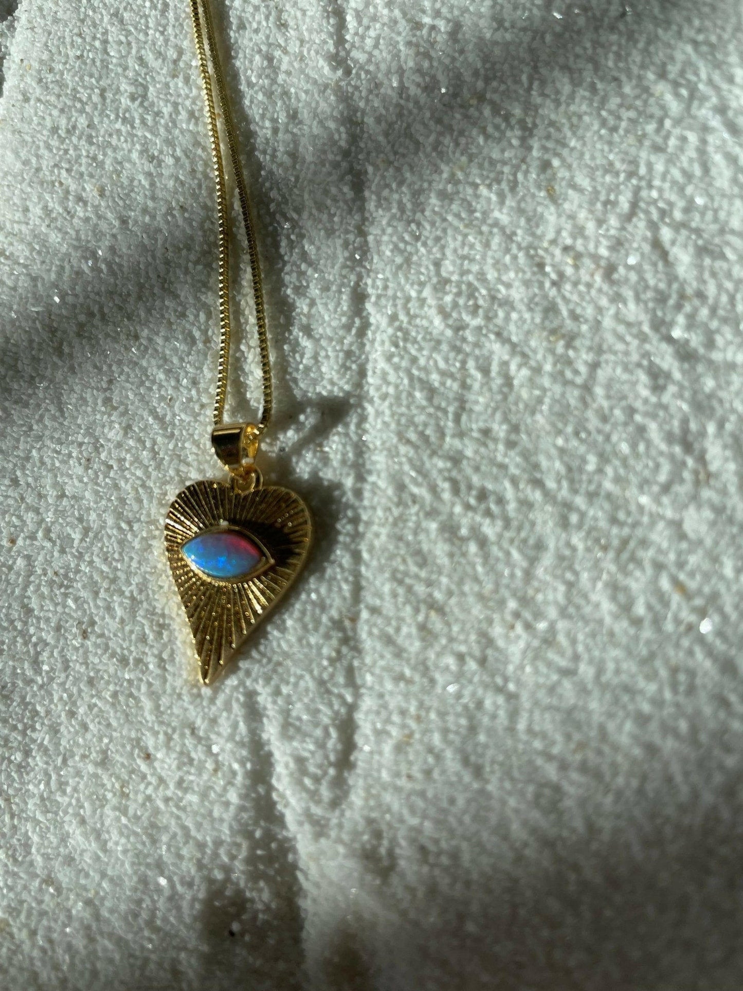 Ocean Heart Opal Necklace .Evil Eye Heart. Gold Filled: White Opal - Pink Pig