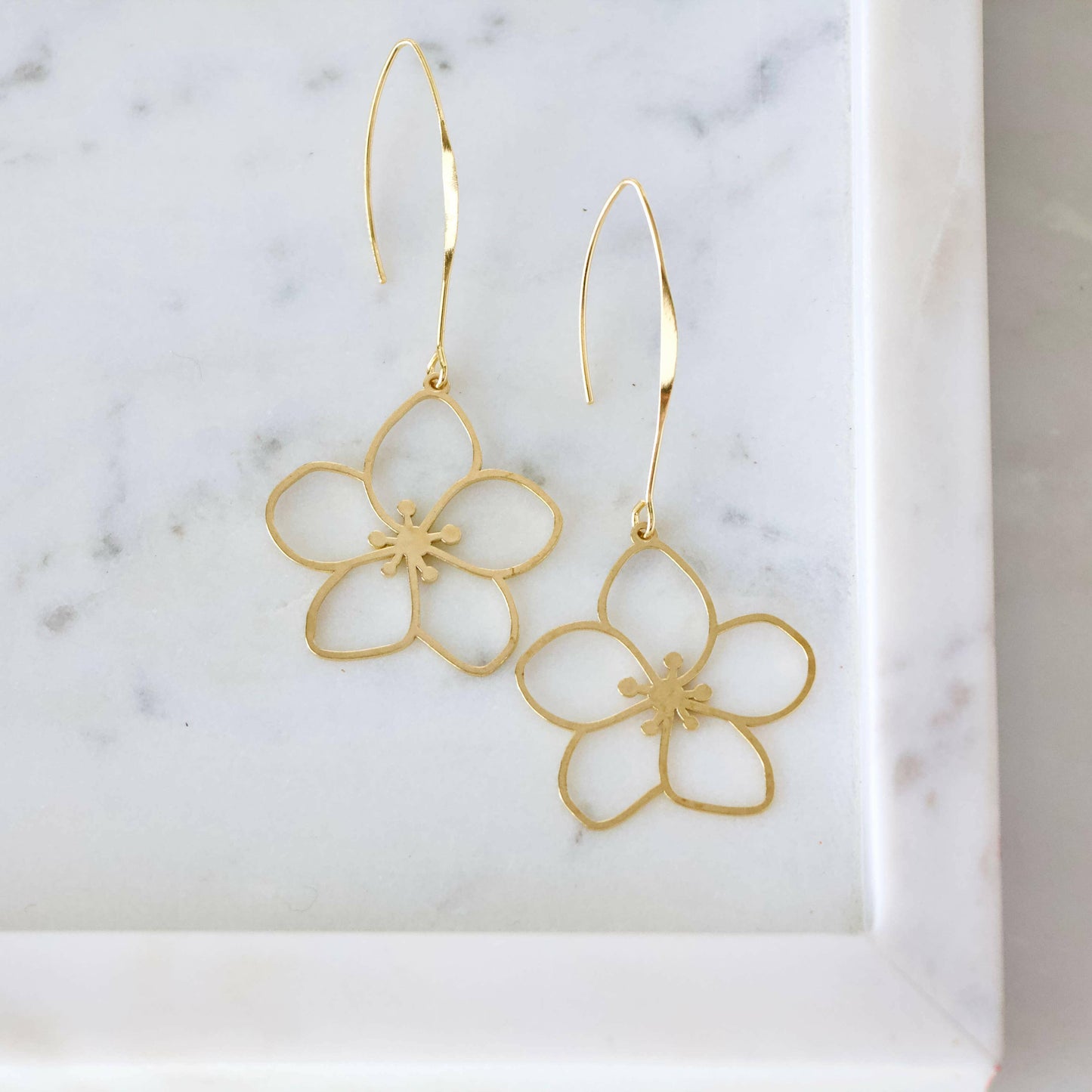 Mesa Blue - Brass Sakura Flower Drop Earrings.