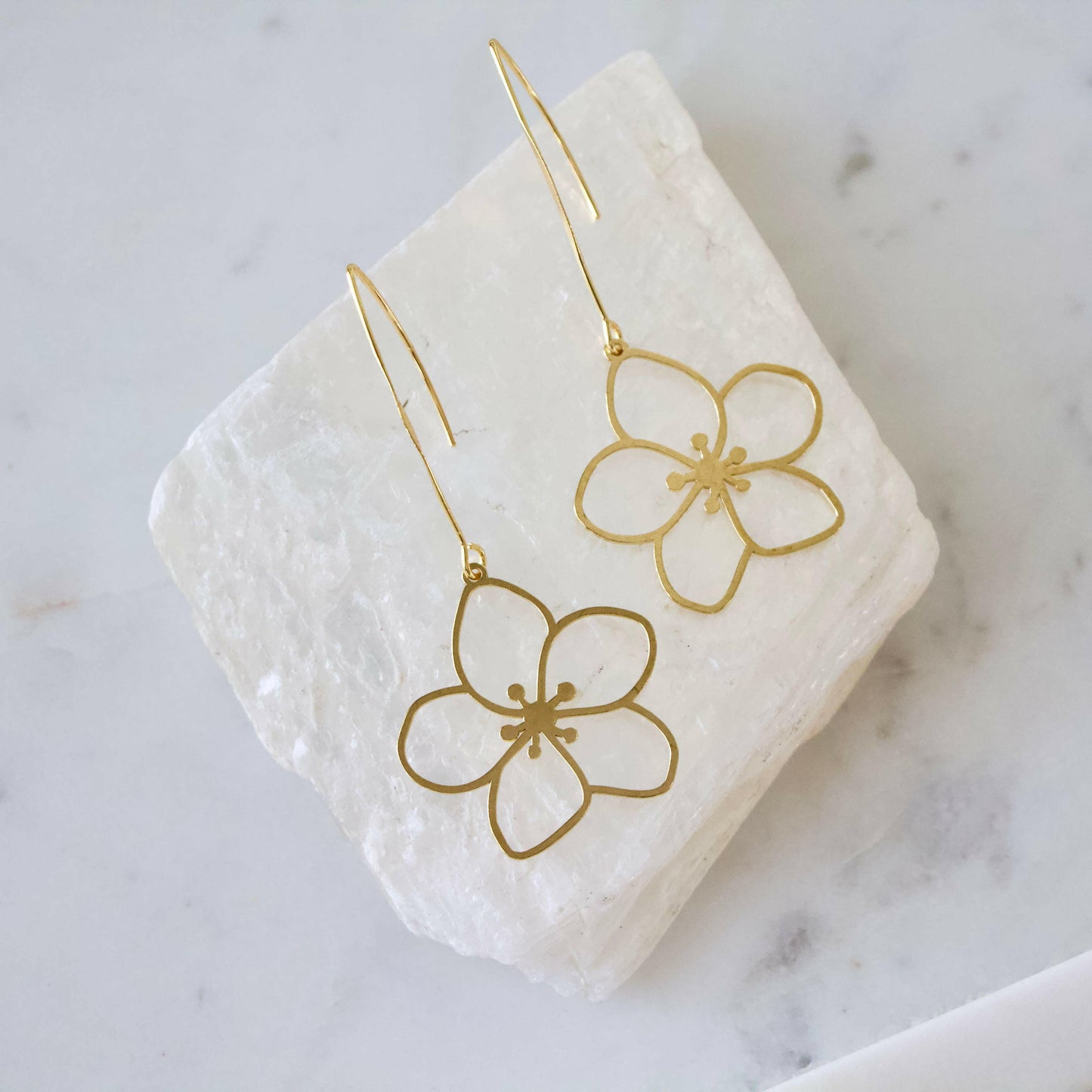 Mesa Blue - Brass Sakura Flower Drop Earrings.