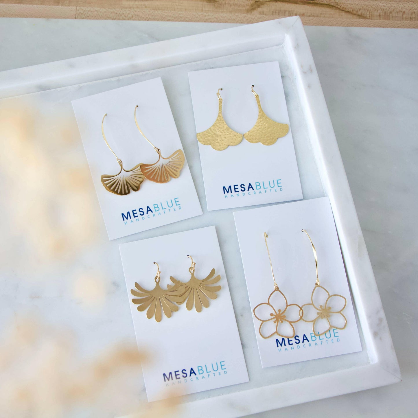 Mesa Blue - Brass Sakura Flower Drop Earrings.