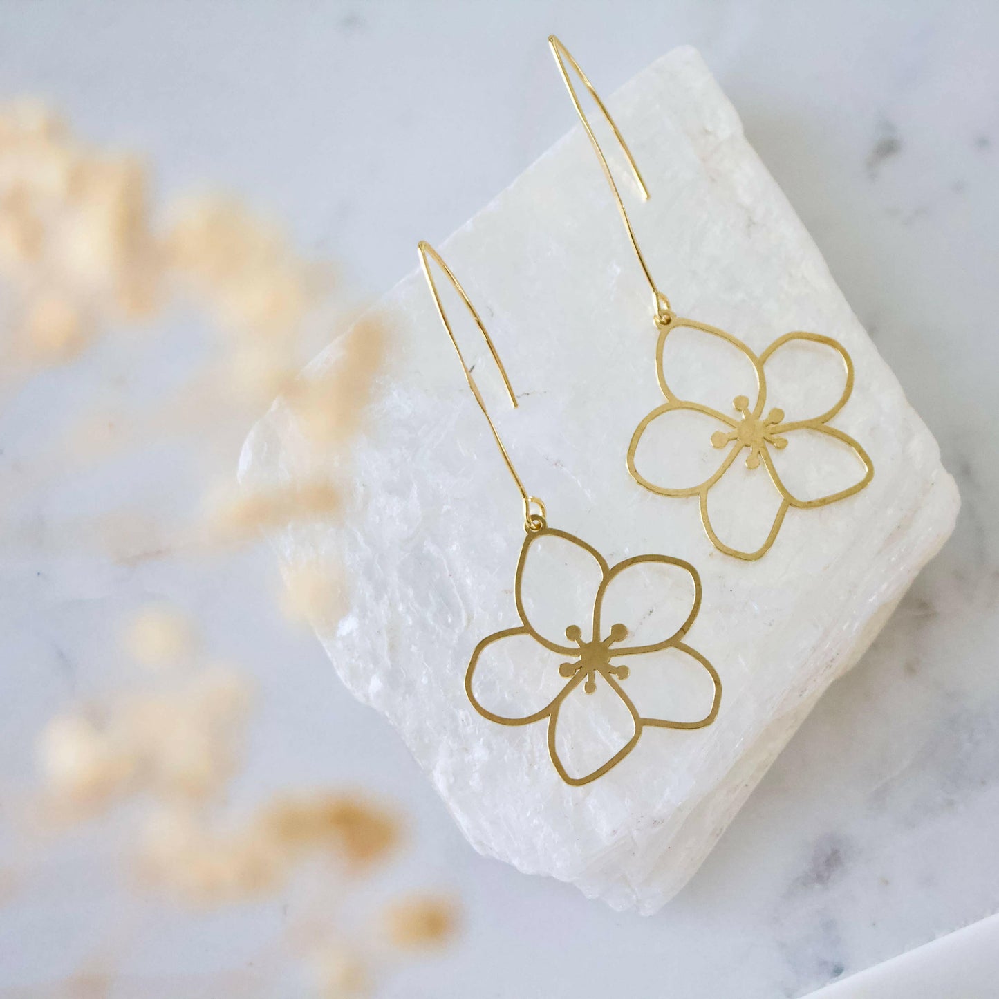 Mesa Blue - Brass Sakura Flower Drop Earrings.
