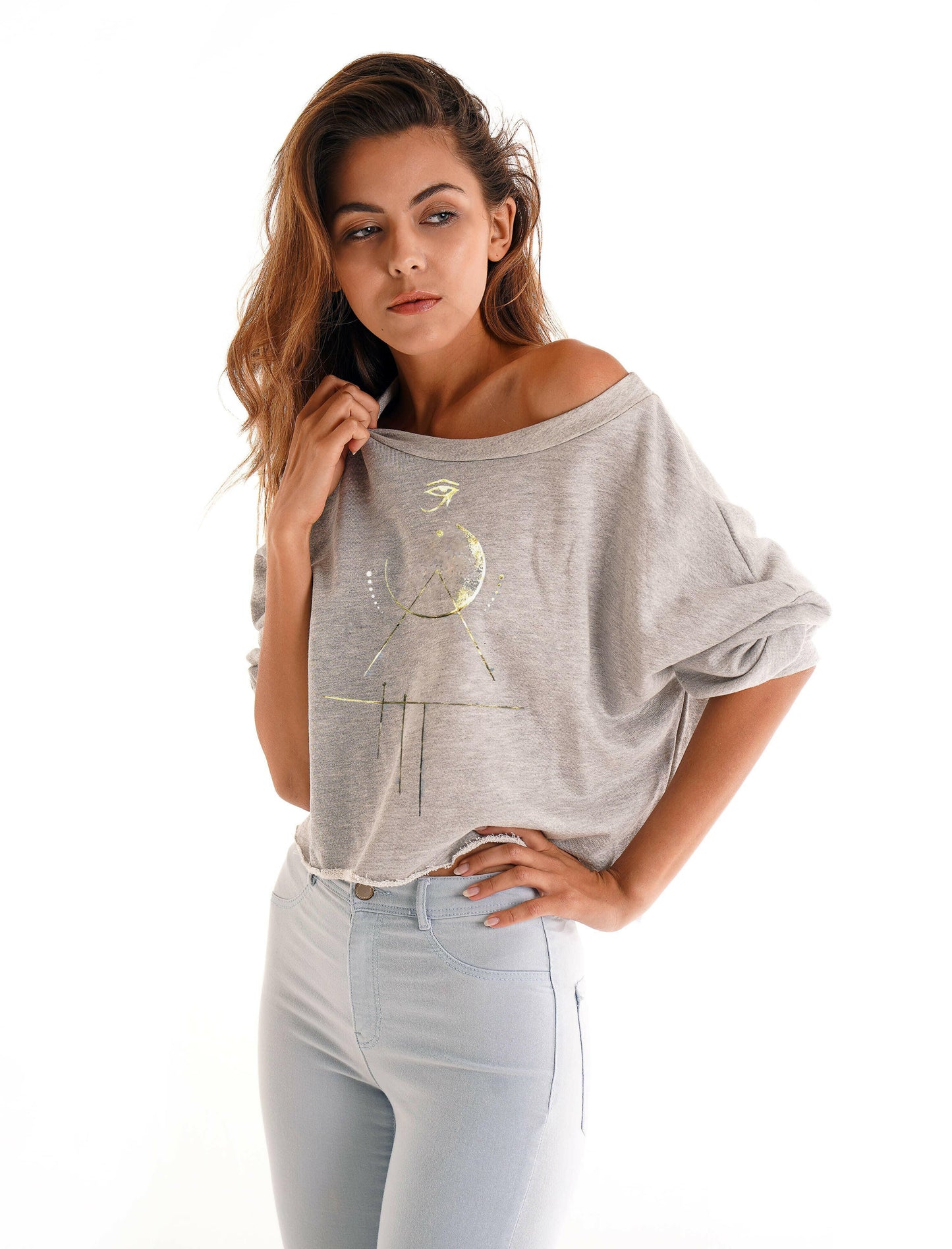 Neoclassics Omni Crop Sweatshirt Heather Gray Gold Foil Eye of Horus Design - Pink Pig