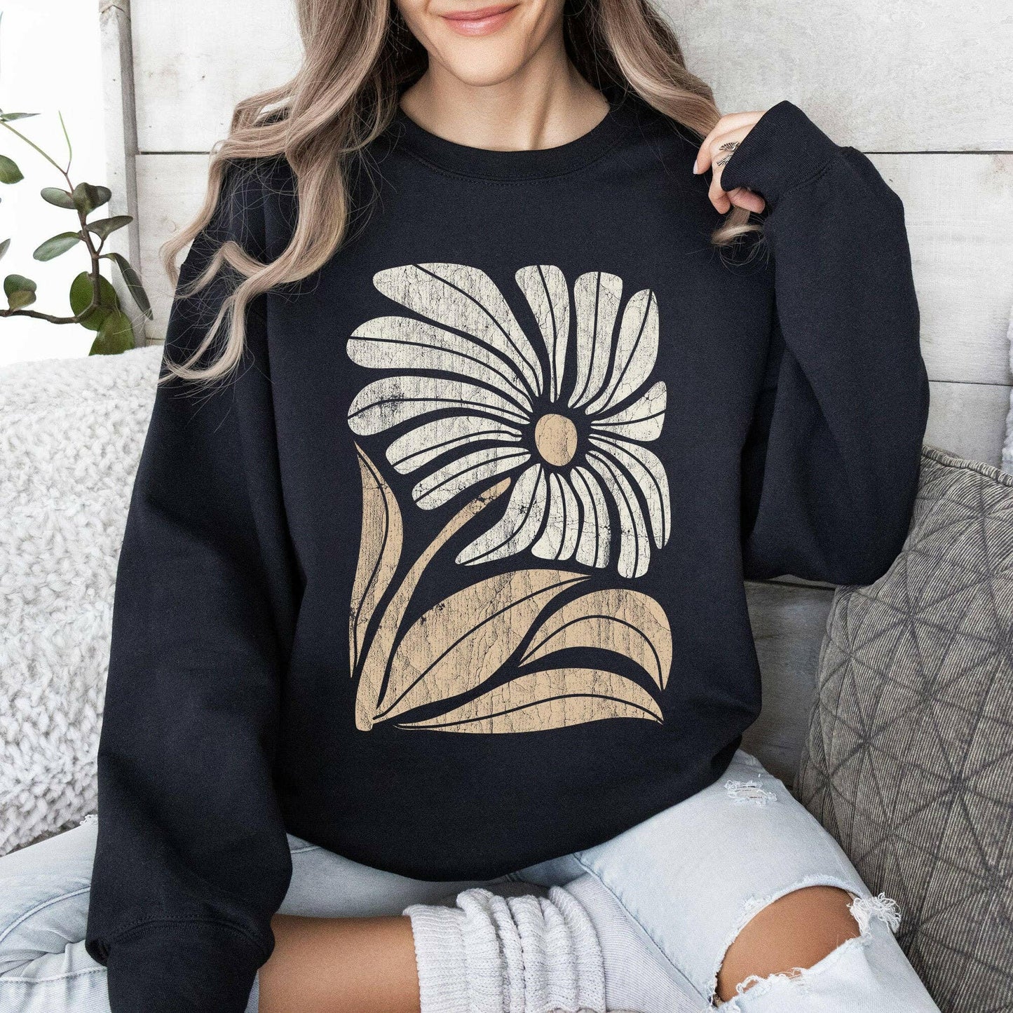 Refinery Number One LLC Retro Flower Bold Floral Boho Sweatshirt - Pink Pig