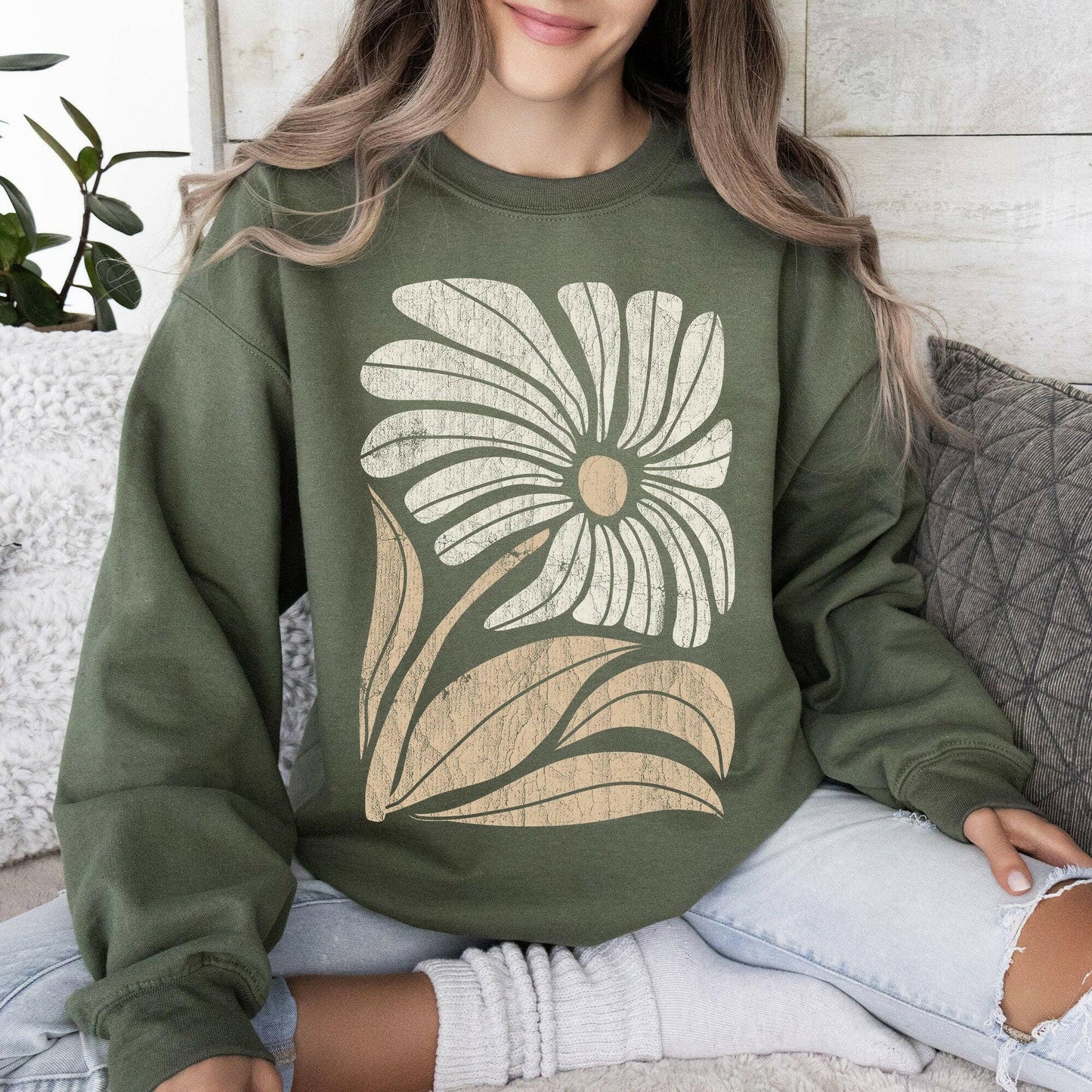Refinery Number One LLC Retro Flower Bold Floral Boho Sweatshirt - Pink Pig