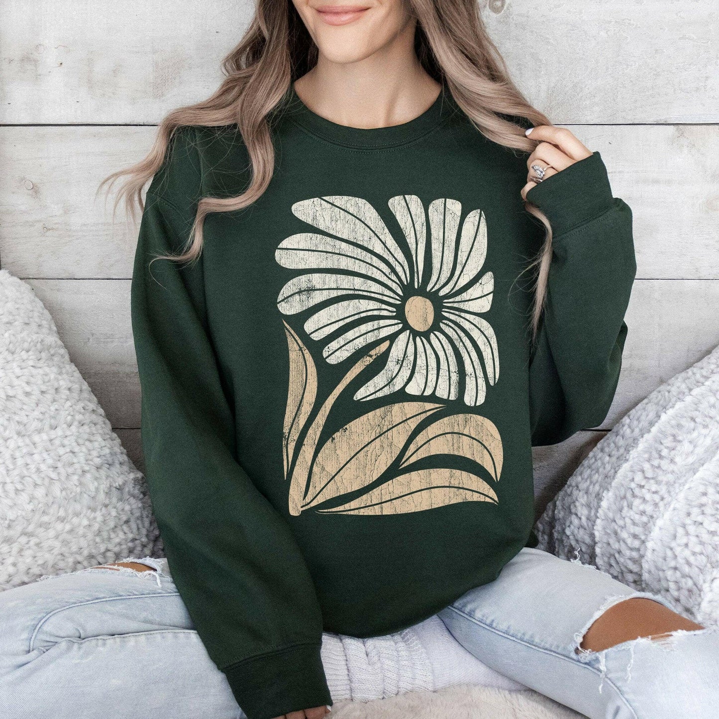 Refinery Number One LLC Retro Flower Bold Floral Boho Sweatshirt - Pink Pig