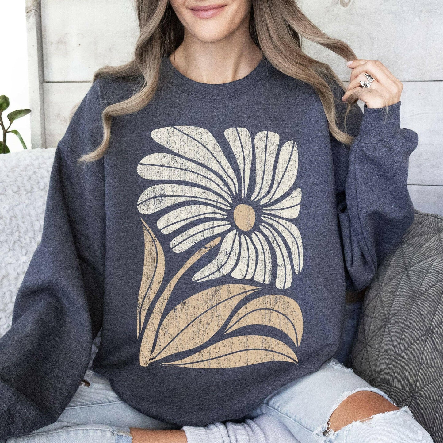 Refinery Number One LLC Retro Flower Bold Floral Boho Sweatshirt - Pink Pig