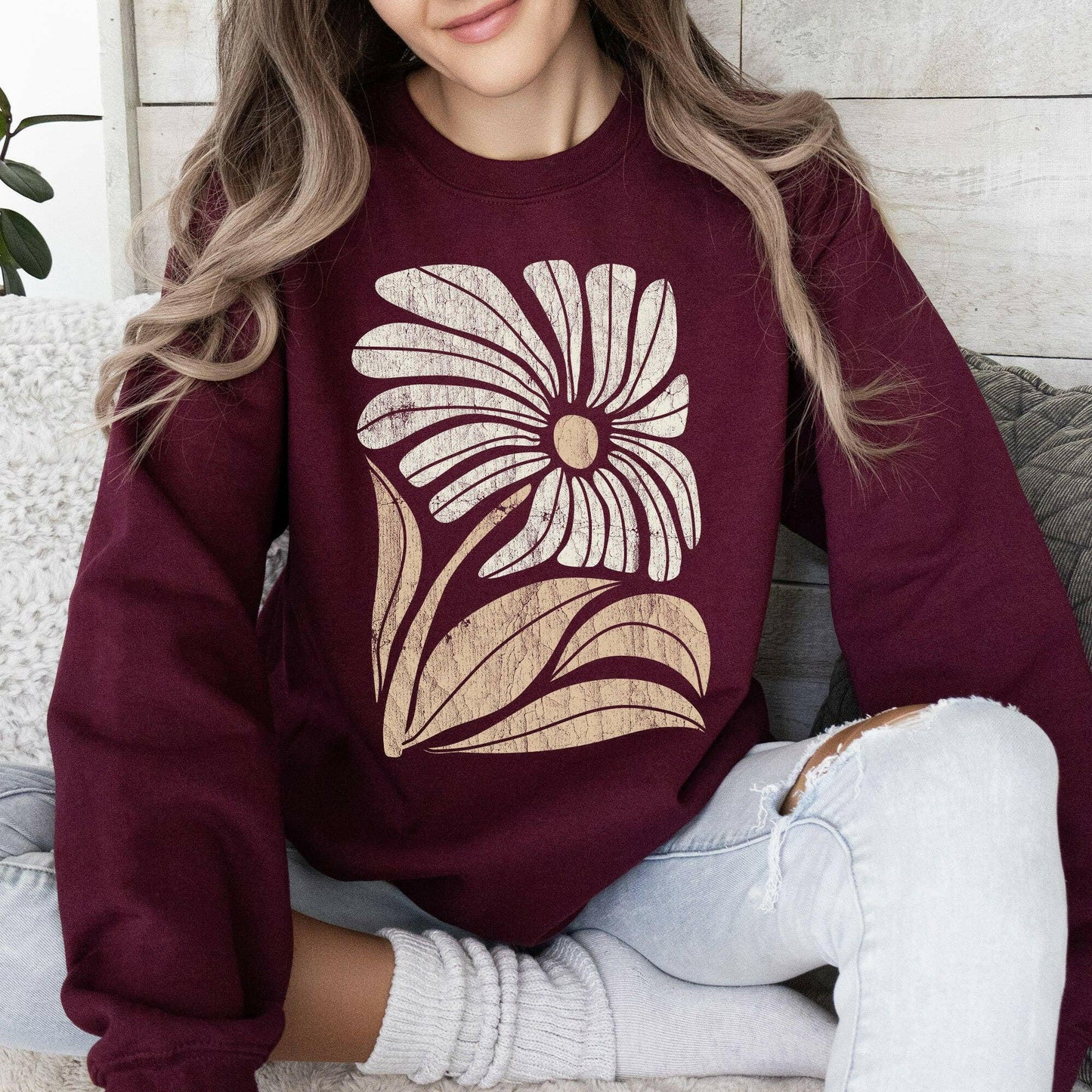 Refinery Number One LLC Retro Flower Bold Floral Boho Sweatshirt - Pink Pig