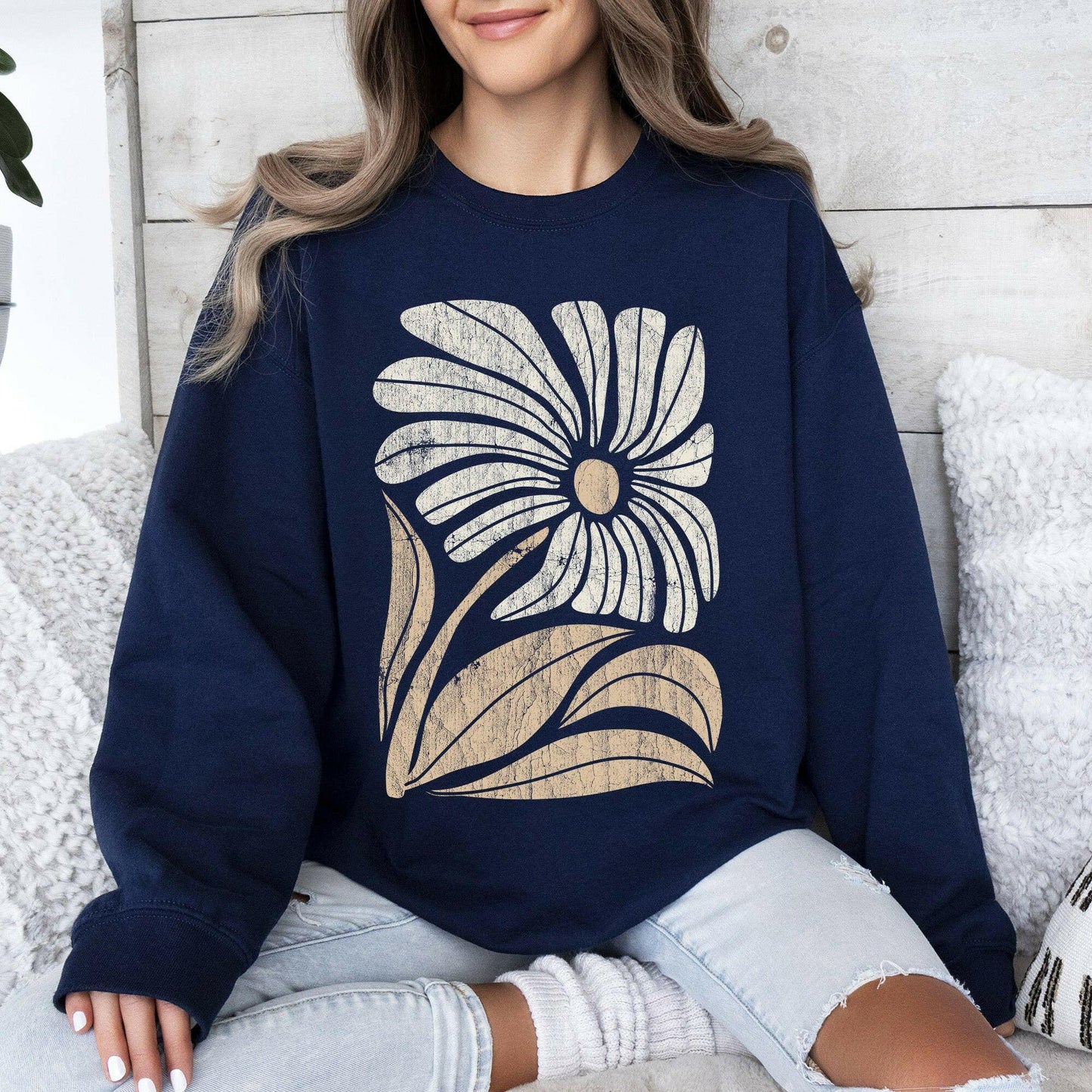 Refinery Number One LLC Retro Flower Bold Floral Boho Sweatshirt - Pink Pig
