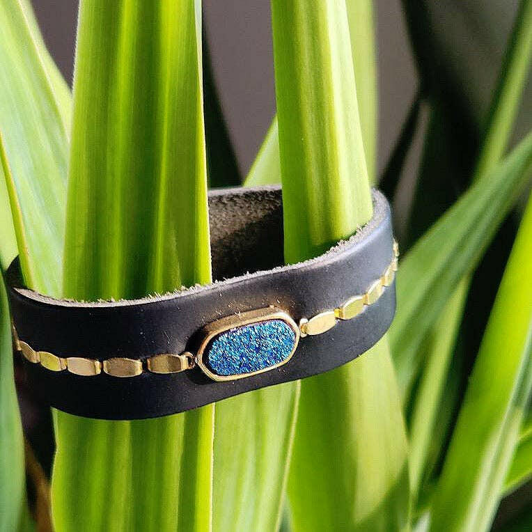 Royal Hippie Black Druzy Leather Cuff - Pink Pig