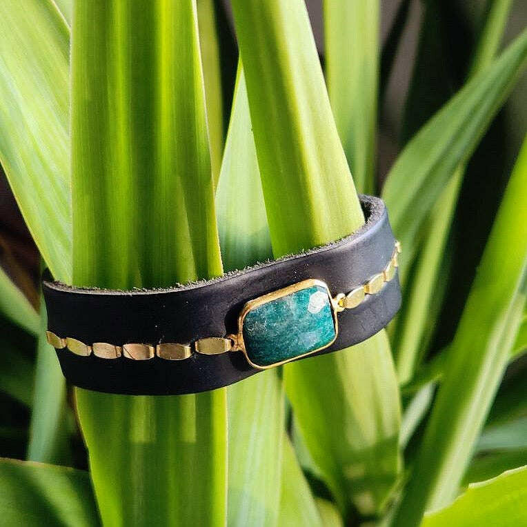 Royal Hippie Black Emerald Leather Cuff Bracelet - Pink Pig