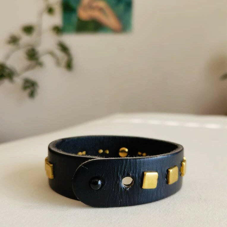 Royal Hippie Classic Black Leather Cuff Bracelet - Pink Pig