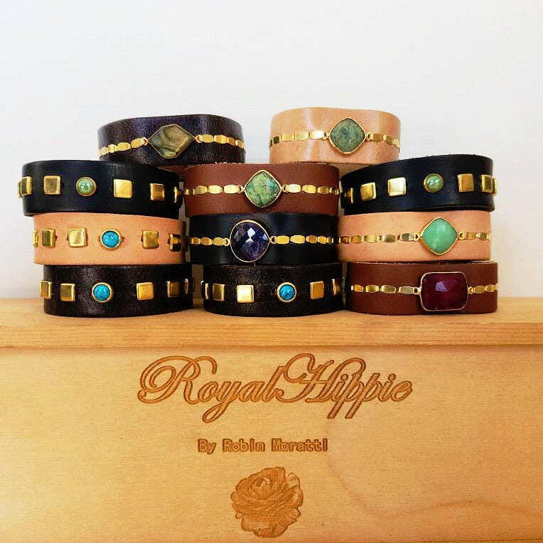 Royal Hippie Classic Black Leather Cuff Bracelet - Pink Pig