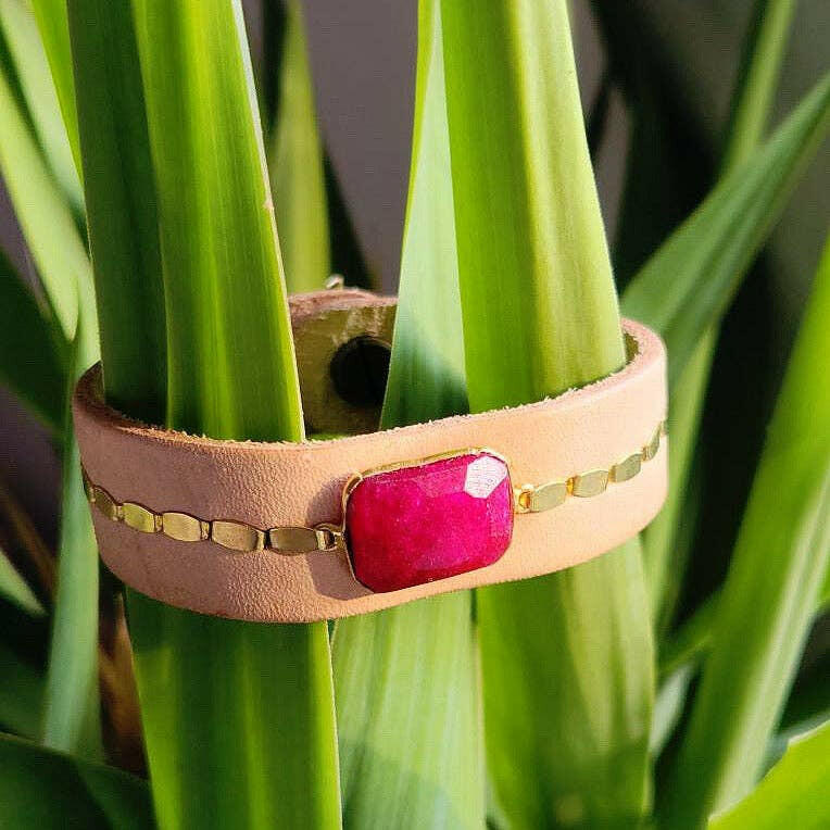 Royal Hippie Natural Buff Ruby Leather Cuff Bracelet - Pink Pig