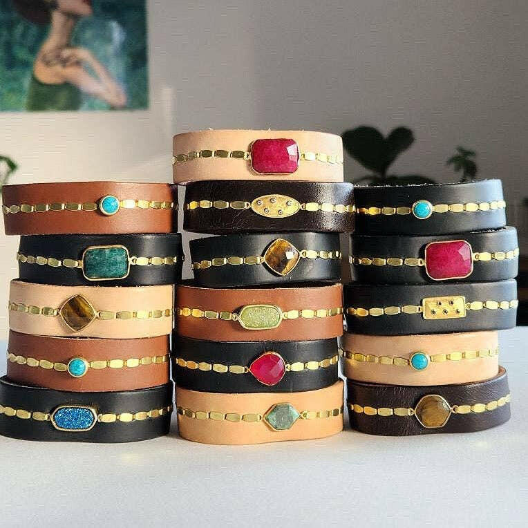 Royal Hippie Natural Buff Ruby Leather Cuff Bracelet - Pink Pig