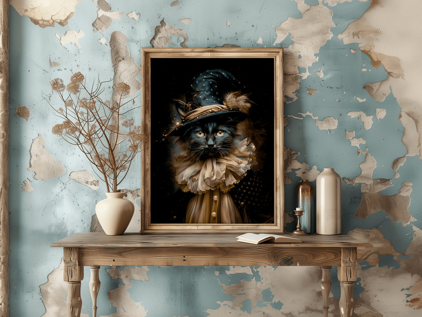 Salty Alyce -   Magic Black Cat in Wizard Hat Wall Decor 115AS - Pink Pig