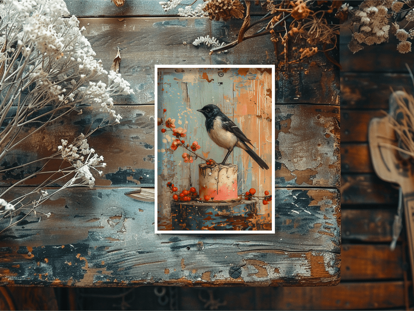 Salty Alyce -  Magpie Sitting On Pink Cake Blank Card - Pink Pig
