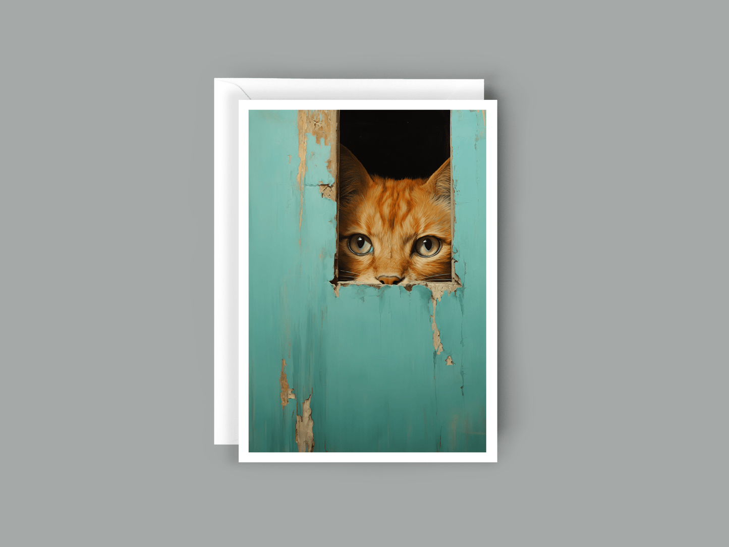 Salty Alyce -  Orange Cat Hiding In Aqua Door  Blank Card - Pink Pig