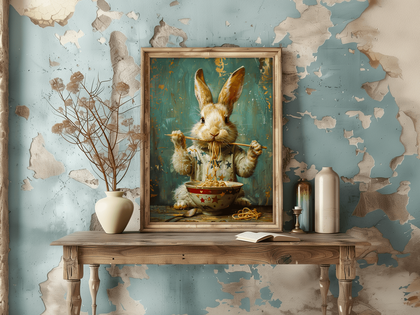 Salty Alyce -     Rabbit Eating Ramen Noodles Wall Decor - Pink Pig