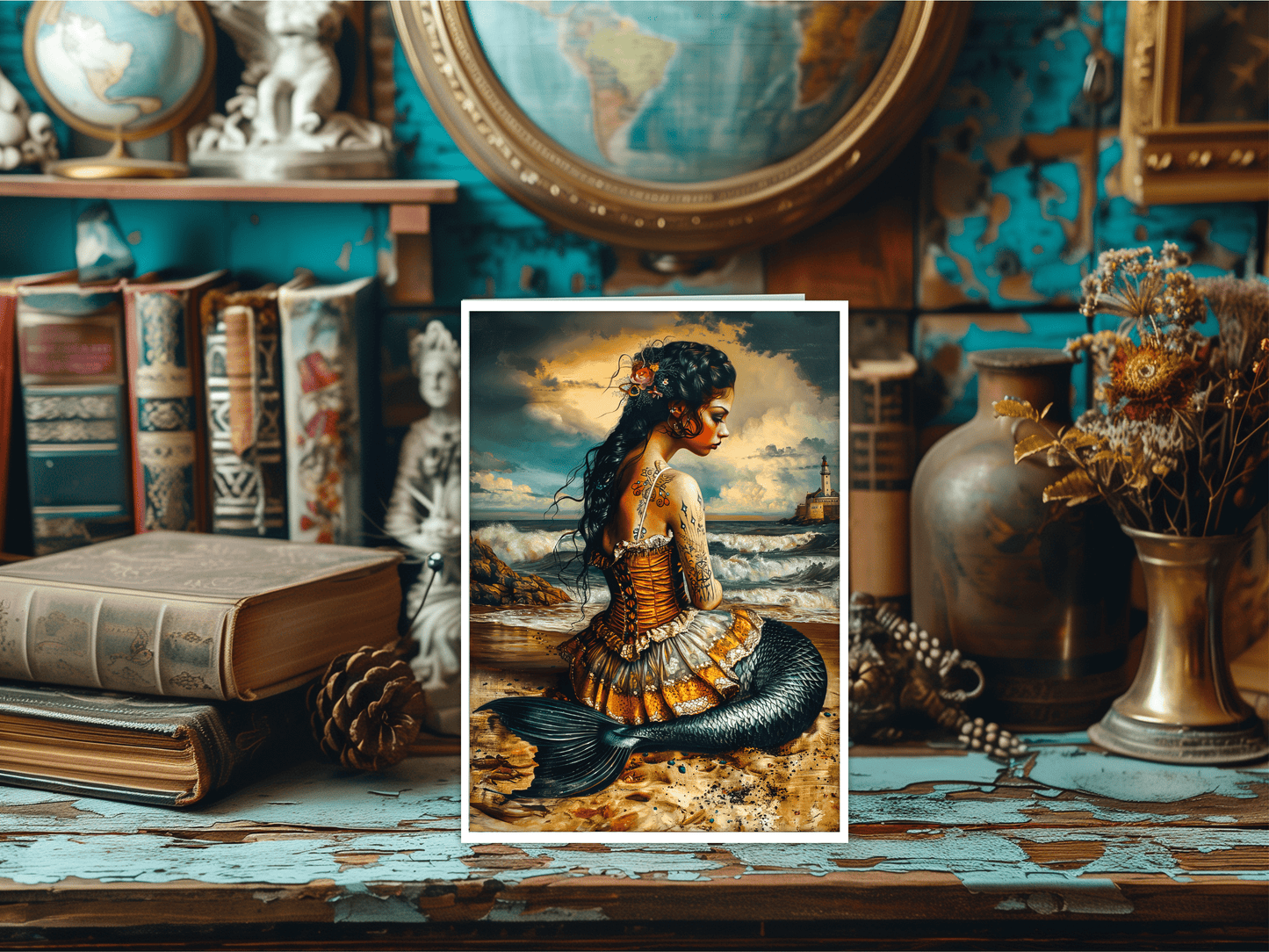 Salty Alyce -  Tattoo Mermaid By The Sea  Blank Card 137RD.