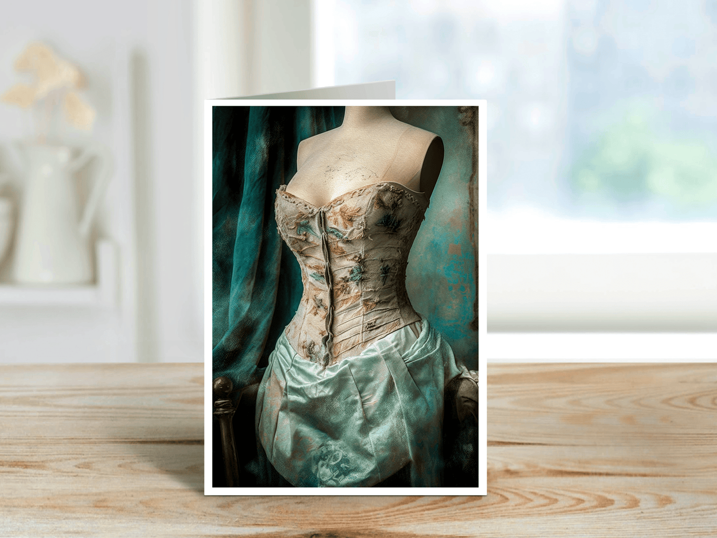 Salty Alyce -   Teal Dreams Floral Corset Blank Card RA54 - Pink Pig