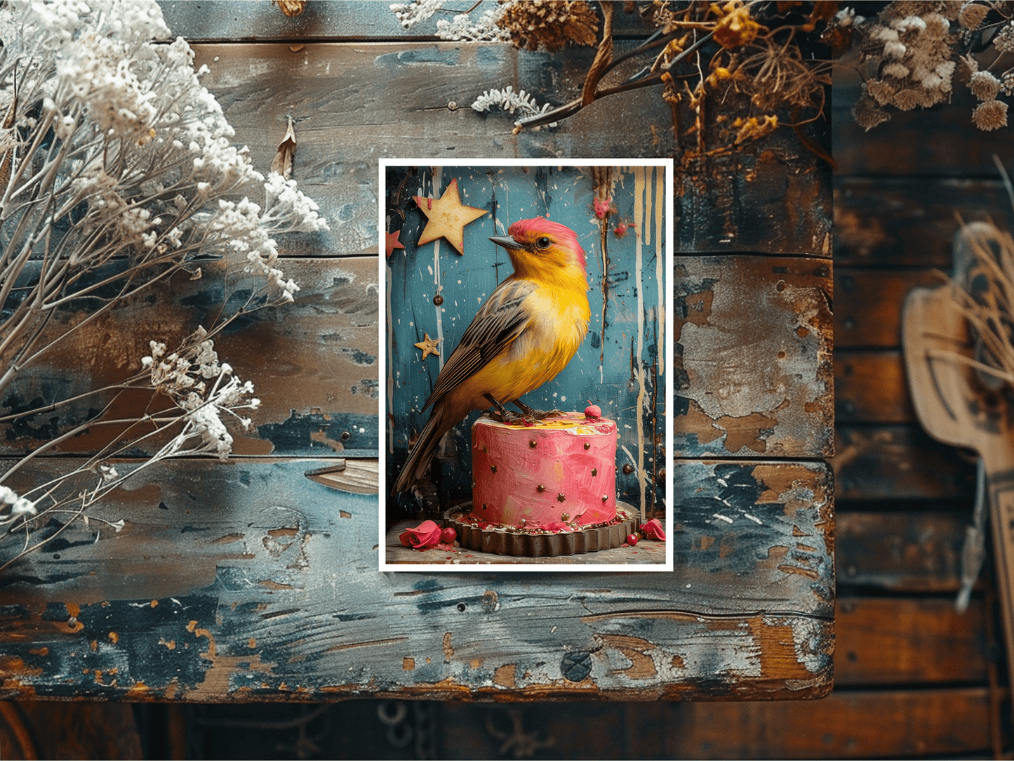 Salty Alyce -  Yellow Bird Sitting On Pink Cake Blank Card 97AS.