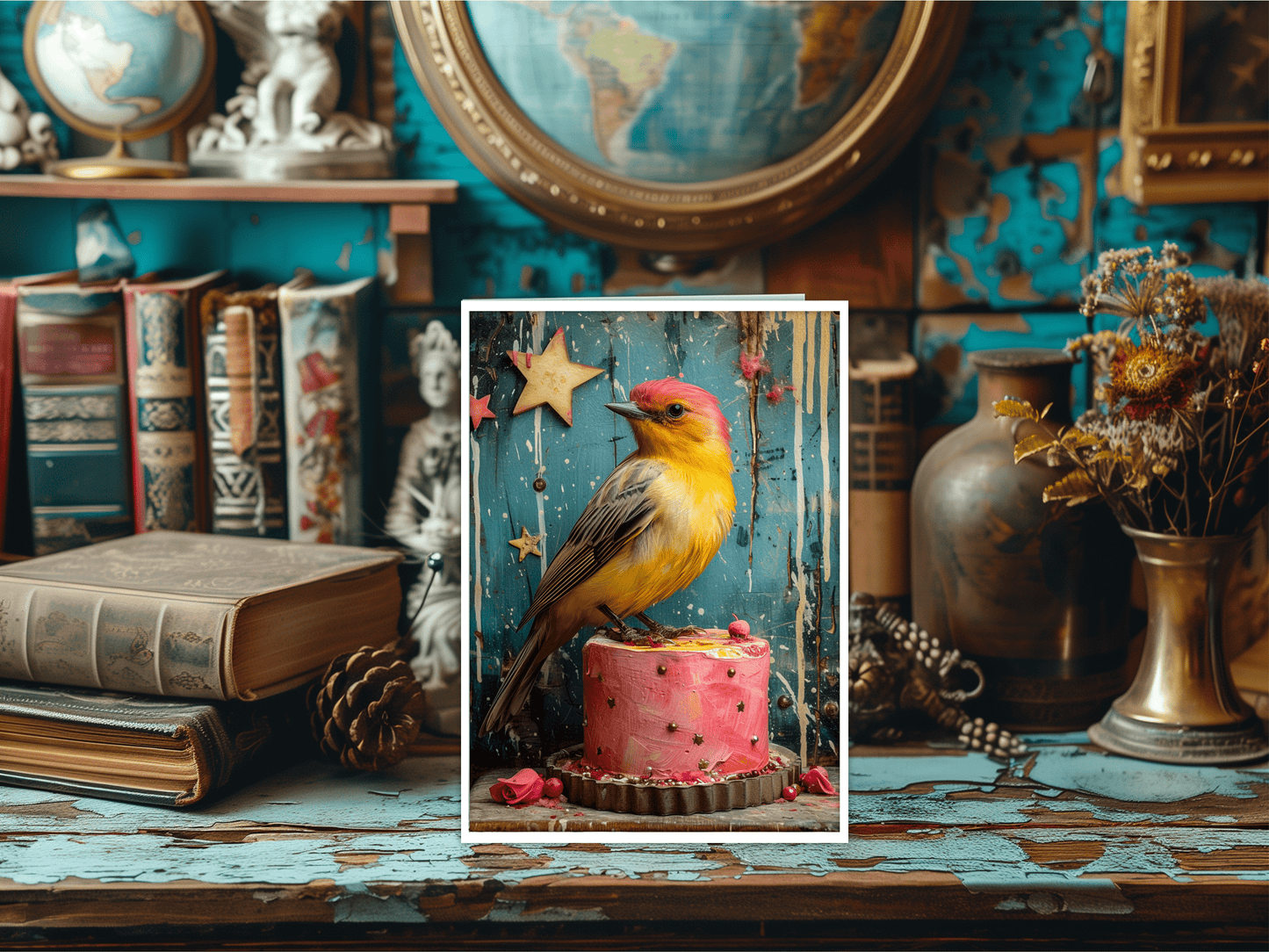 Salty Alyce -  Yellow Bird Sitting On Pink Cake Blank Card 97AS.