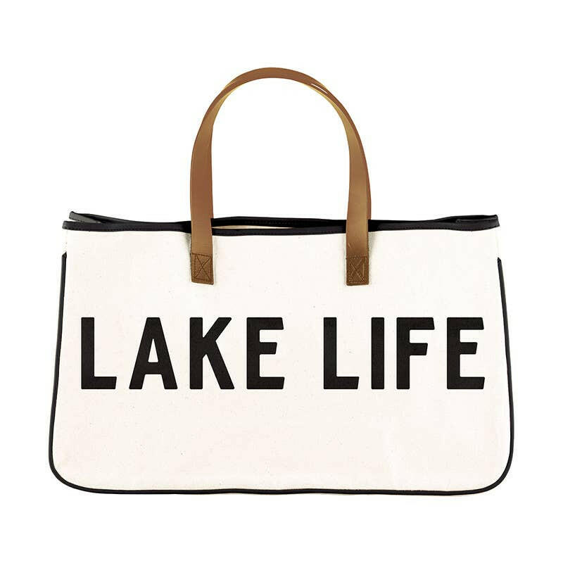 Santa Barbara Design Studio Canvas Tote Lake Life with Genuine Leather Handles - Pink Pig
