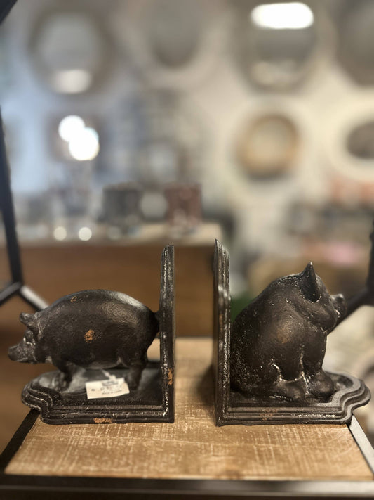 Cast Iron Pig Bookend in Black Rustic Finish-Set 2 - Pink Pig