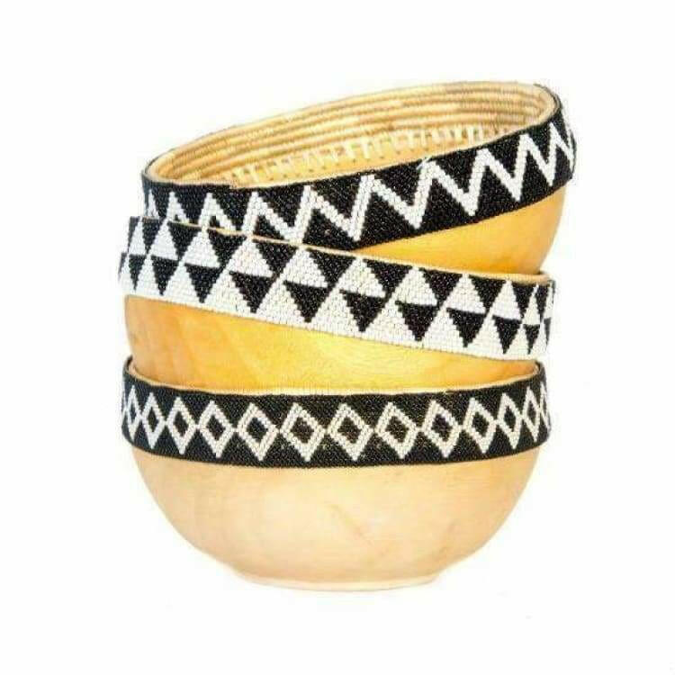 Black + White Beaded Wooden Bowl II - Pink Pig