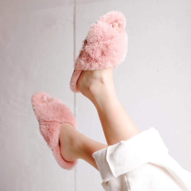 Pink Fuzzy Cross Band Slide Slippers Cozy Up Pink Faux Fur Slippers