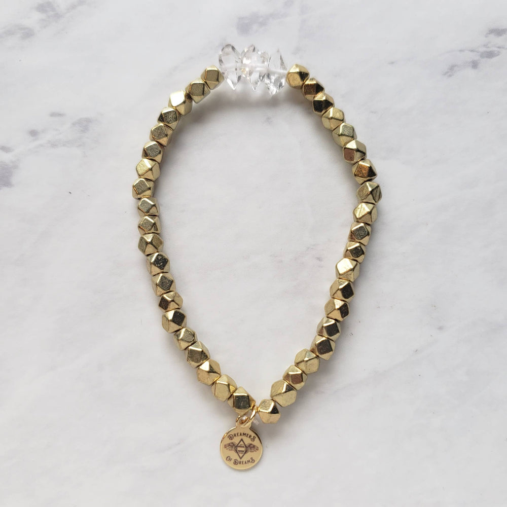 
                  
                    Dreamers of Dreams - Brass and Diamond Quartz beaded stretchy Bracelet
                  
                