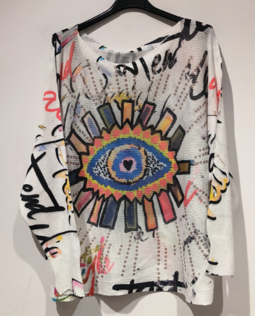 LOOWIE - POEYE White Evil Eye Round Knit Printed Sweater LOOWIE LOOWIE
