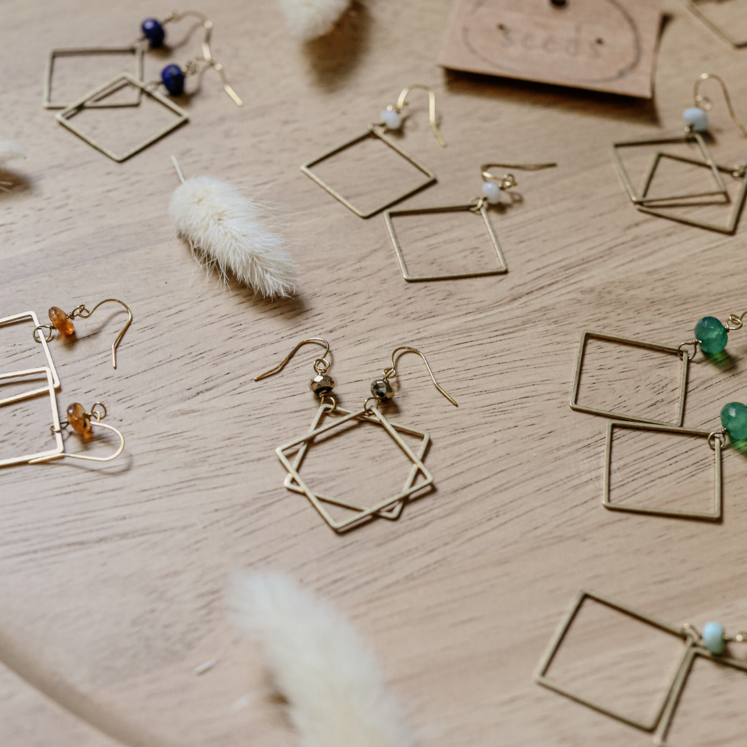 Brass Square Charms Genuine Stone Beads Earrings Seeds