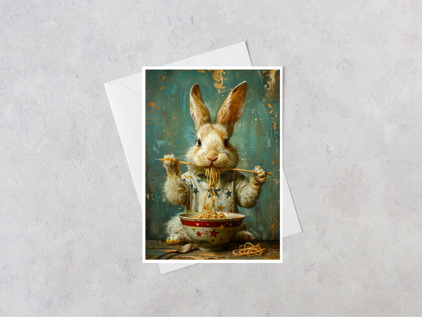 Salty Alyce - Rabbit Eating Ramen Noodles Blank Card 114AS Books & Stationary Salty Alyce