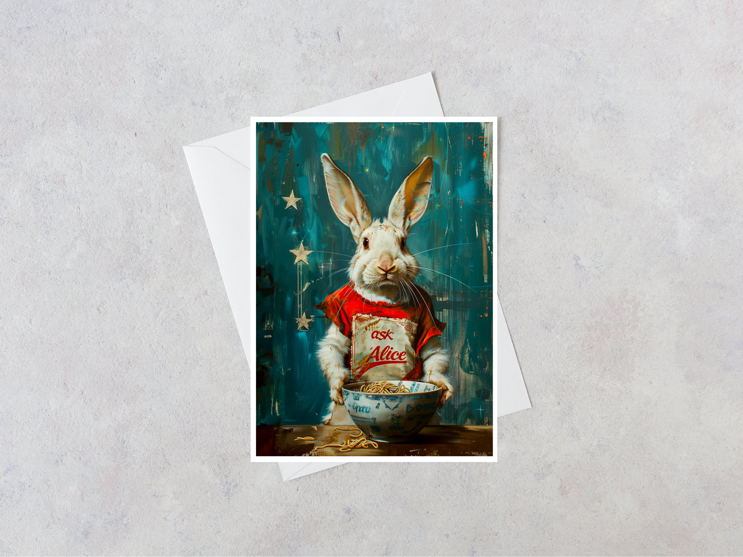 Salty Alyce - Ask Alice Rabbit Eating Ramen Noodles Blank Card 113AS Books & Stationary Salty Alyce