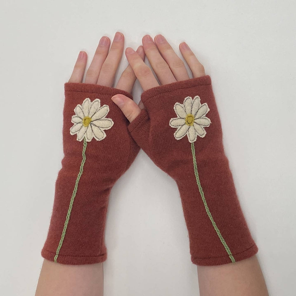 Sardine Clothing Co. - Fingerless Cashmere Gloves-Daisy Sardine Clothing Co. White on Rust One Size Fits Most