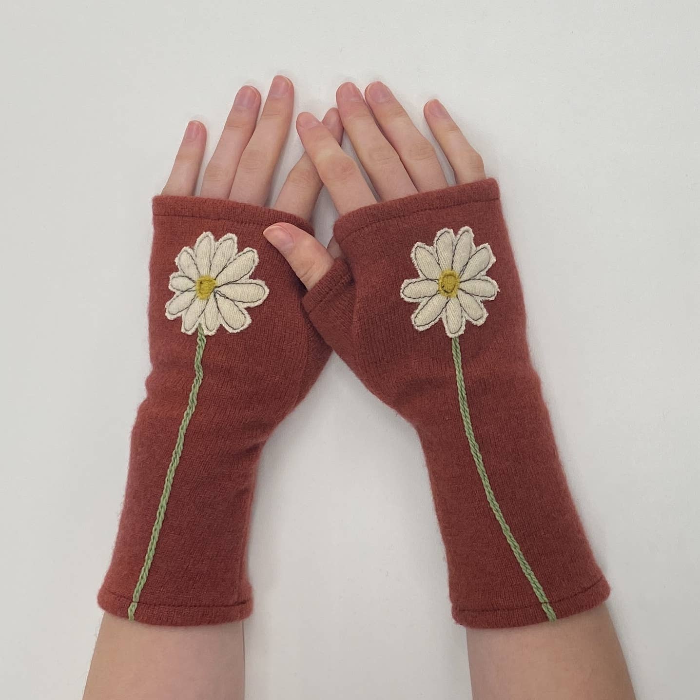 Sardine Clothing Co. - Fingerless Cashmere Gloves-Daisy Sardine Clothing Co. White on Rust One Size Fits Most
