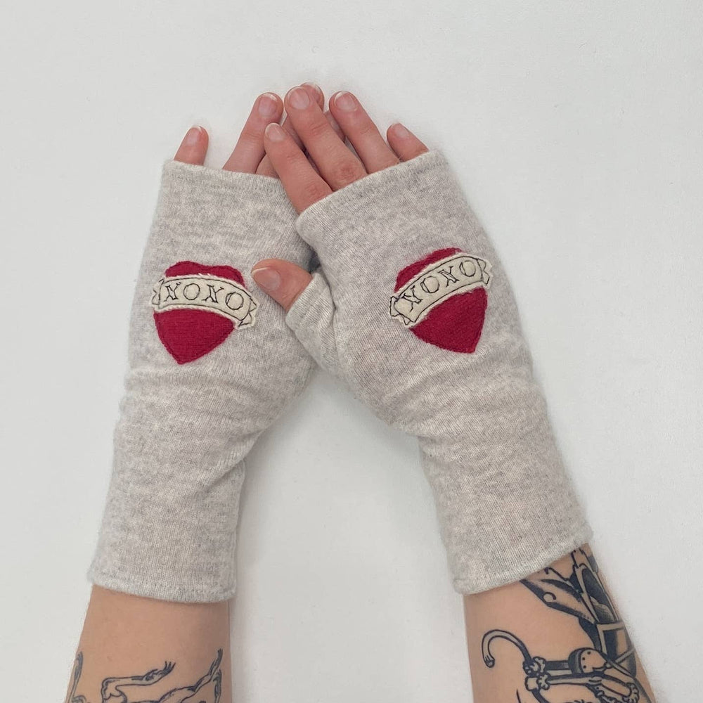 Sardine Clothing Co. - Fingerless Cashmere Gloves-Tattoo Heart XOXO Accessories Sardine Clothing Co. Red on Grey One Size Fits Most