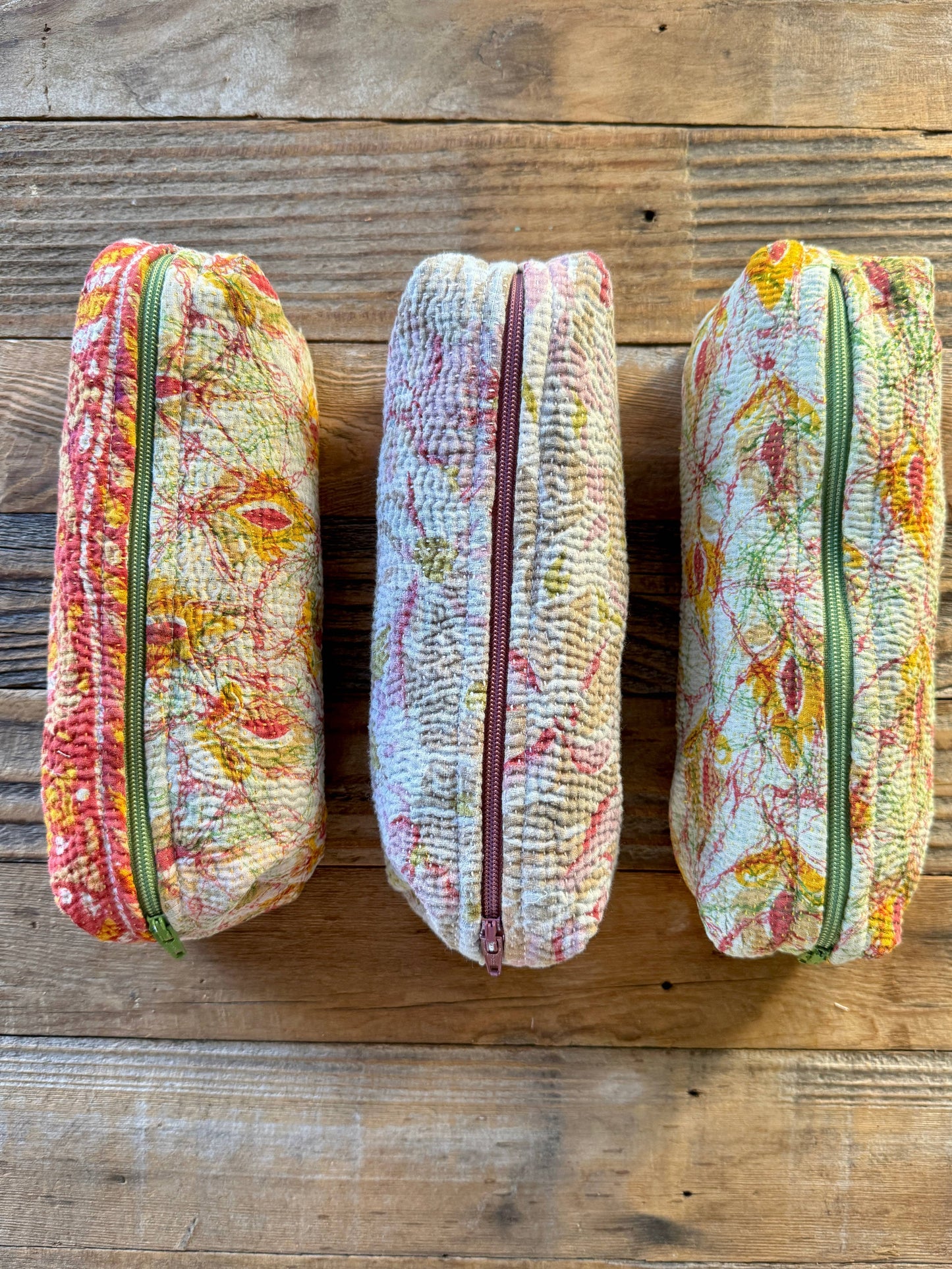 Vintage Quilted Long Zip Toiletry Pouches - Pink Pig
