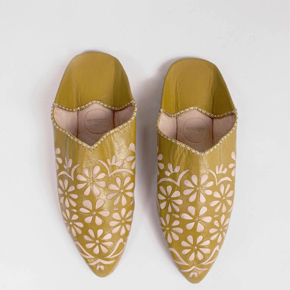 Moroccan Daisy Babouche Slippers - Mustard - Pink Pig