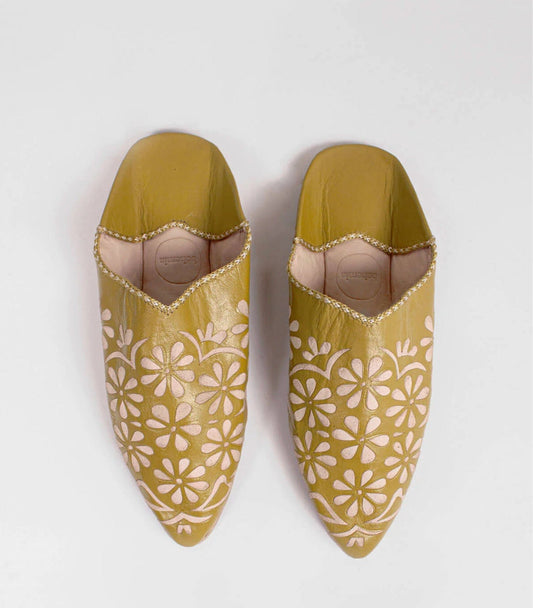 Moroccan Daisy Babouche Slippers - Mustard - Pink Pig